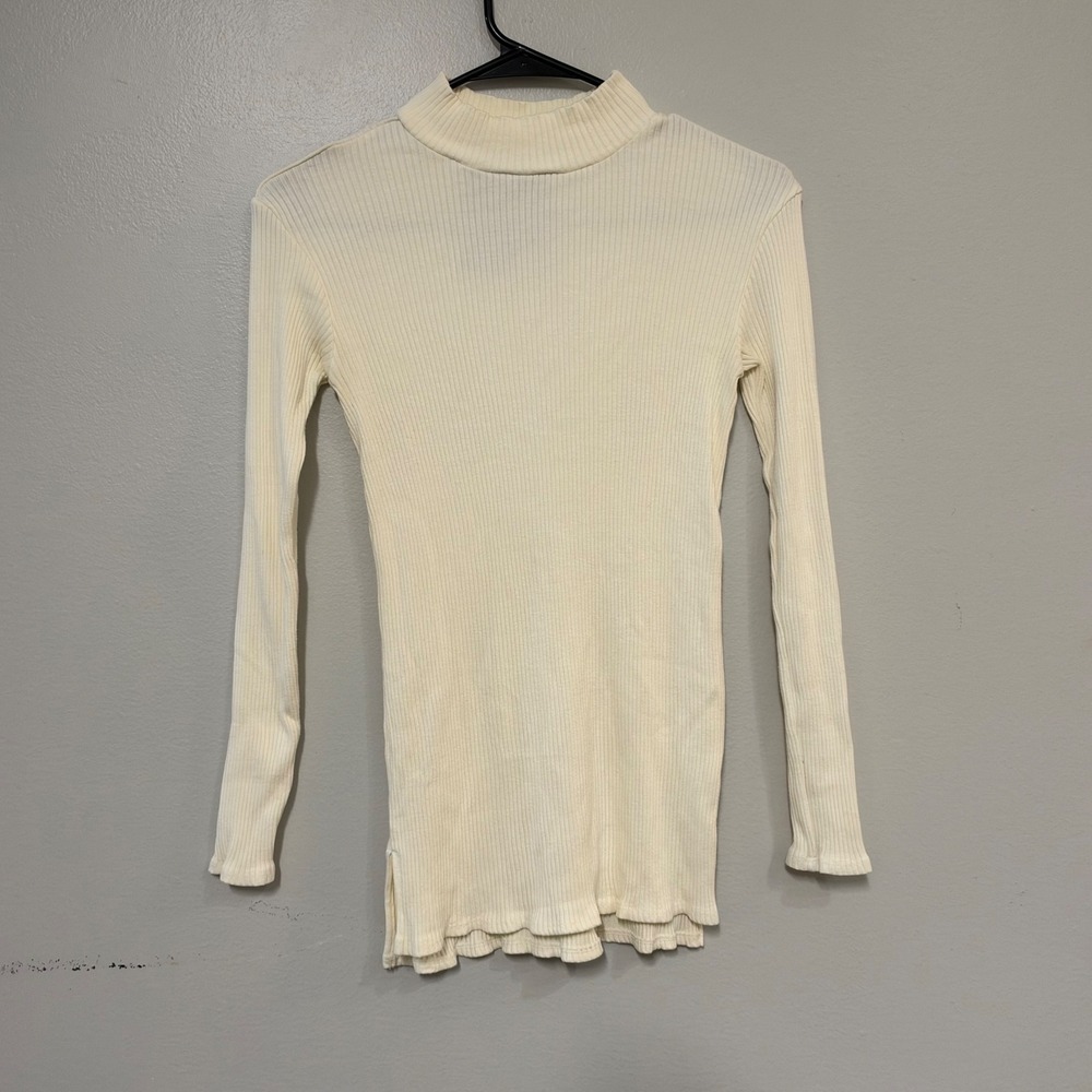 Simon Miller Ribbed Long Sleeve Mock Neck Tunic Top Ivory Lettuce Edge Hem